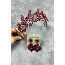 Fdayaksesuar Gelin Özel Bordo Yaprak Dallı Bant Gelin Kına Saç Aksesuarı Mekik Taşlı Küpe Seti Frdy243 Çok Renkli