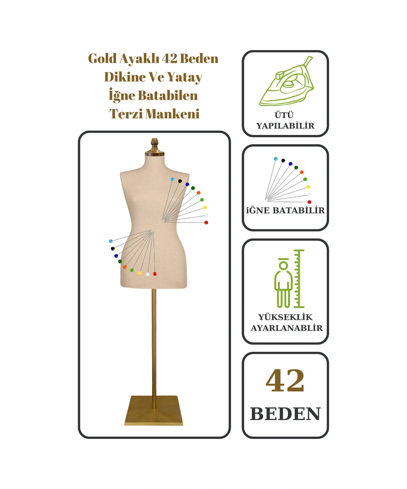 42 Beden Iğne Batabilen Terzi Mankeni Prova Mankeni Sünger Manken Gold Ayaklı Krem Kumaş Po-01