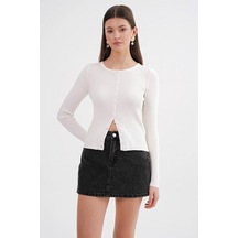 Hiccup Mixray Düğmeli Slim Fit Yivli Örgü Hırka Beyaz