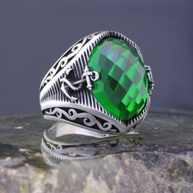 925 Ayar Gümüş Yeşil Zirkon Taşlı Çapalı Oval Erkek Yüzük