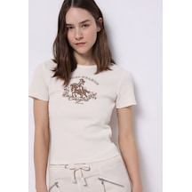 Colins Slim Fit Yuvarlak Yaka Baskılı Kadın Ekru Kısa Kol Tişört Cl1074534 Q1.v2 Ecr Ekru