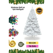 Premium Süsleme Seti Yılbaşı Beyaz Çam Ağacı Renkli Işığı Yeni Yıl Süsleri Noel Paketi 90 Cm 76 Dal