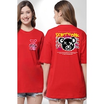 Panik Yok Teddy Kırmızı Oversize Unisex Ön Ve Sırt Baskılı Tişört Kırmızı