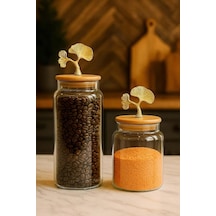 2 Li Altın Metal Ginkgo Figürlü Bambu Kapaklı Cam Kavanoz Saklama Kabı 1400ml + 890 Ml Çok Renkli