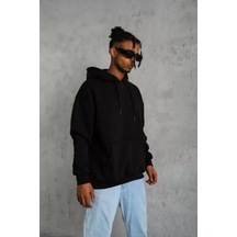 Erkek Düz Kapüşonlu Sweat - Siyah renkli