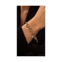 Kadın Gold Renk Yıldız Figürlü Çift Zincir Charm Bileklik Altın - 925791155 Altın