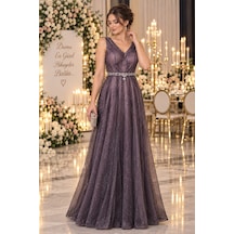 Gül&can Butik Mor Işıltılı Taş Detaylı Abiye Elbise Mor