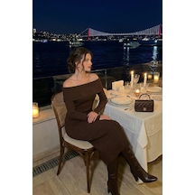 Lela Premium Fitilli Carmen Yaka Slim Fit Midi Boy Triko Bayan Elbise 680El00033 Kahve