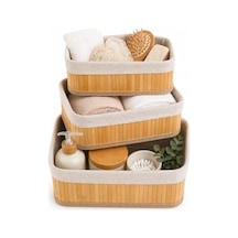 Bambu Organizer Sepet 3 Lü Set Kumaş Kaplı Dekoratif Saklama Kutusu, Çok Amaçlı Düzenleyici Banyo, Mutfak, Dolap Açık Ahşap