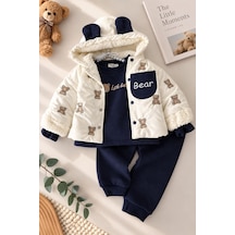 Minigimin Cicileri Ayıcık Nakışlı İçi Peluş Şişme Montlu Erkek Bebek 3 Lü Takım - Lacivert