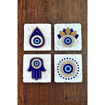 Doğal Taş Bardak Altlığı 4'lü Set 10x10x1 Cm Nazar Boncuğu Desenli - Evileye Stone Coasters 355 Çok Renkli