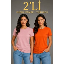 Efnaz Style Basic Bisiklet Yaka Yazlık Slim Fit T-shirt - Pudra Pembe - Turuncu Çok Renkli