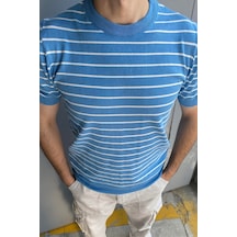 Cool Tarz Erkek Mavi Kısa Kollu Fitilli Akrilik-pamuk Karışımlı Triko T-shirt Mavi Mavi