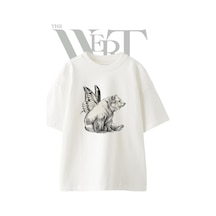 Thewert Bear Butterfly Tasarım Baskılı Ünisex Beyaz Oversize T-shirt