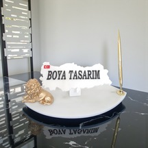 Doğal Beyaz Mermer Masa Ofis İsimlik Kalem Ve Aslanlı