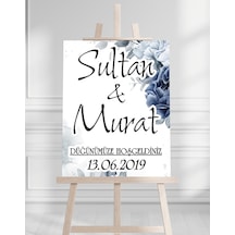 Söz Nişan Düğün İçin 50x70 Karşılama Panosu - Mavi Çiçek Ve Mavi Tasarımlı Beyaz