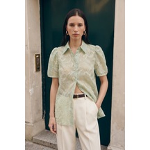 Sateen Nakışlı Kısa Kollu Gömlek - Mint-137756
