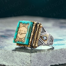 Takılingo 925 Ayar Gümüş Hasbi Allah Yazılı Kehribar Taşlı Erkek Yüzük Gümüş