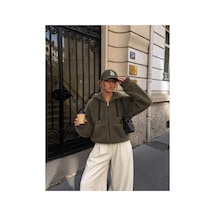 Nilza Kadın Teddy Peluş Ceket Kapüşonlu Fermuarlı Cepli Oversize Sweatshirt Haki