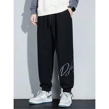 Letter Graphic Drawstring Waist Pants Siyah