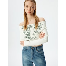 Koton Uzun Kollu Madonna Yaka Slogan Baskılı Fitilli Slim Fit Tişört Ekru 5sal10283ık Ekru