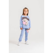 Capybara Sevimli Baskılı Kız Çocuk Simli Detaylı Sweatshirt-eşofman Altı Üst Takım Süper Kalite Mavi