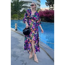 Madmext Mor Uzun V Yaka Desenli Kadın Elbise Mg2076-mor Mor