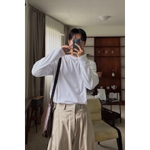 Cool Tarz Erkek Bisiklet Yaka Uzun Kollu Regular Kalıp %100 Pamuk Tişört Beyaz Beyaz