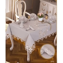 Karanfil Gardenya Keten Yemek Takımı Masa Seti 12 Kişilik 26 Parça Supla Runner Set Gri