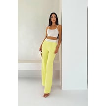 Gugus Kadın Gofre Beli Güpür Lastikli Wide Lege Yazlık Pantolon Sarı