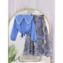 Lovie Moda Kadın Beyaz Fisto Gömlek Beli Lastikli Desenli Şifon Etek Takım - Mavi