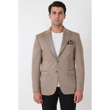 Slim Fit Sivri Yaka Çift Yırtmaçlı Esnek Yünlü Bej Ceket C 746