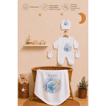 Pia Baby İsme Özel Erkek Bebek Yenidoğan Hastane Çıkışı %100 Pamuk Organik Baskılı Battaniyeli Tulum Set 2093btyx Krem