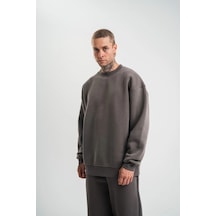 Erkek Uzun Kol Bisiklet Yaka 3 İplik Pamuklu Kışlık Sweatshirt - Füme