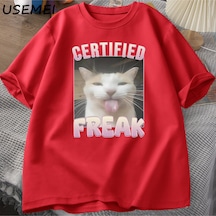 Flood Of Style Sertifikalı Freak Komik Kedi Meme T-shirt Adam Kısa Kollu Tişört Erkek Tshirt Erkek Giysileri Kırmızı