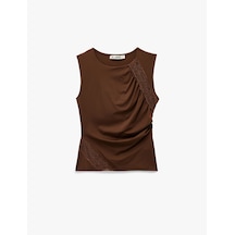 Koton Slim Fit Kayık Yuvarlak Yaka Dantel Detaylı Kolsuz Bluz Kahverengi 6wal30057ık Kahve