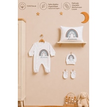 Pia Baby İsme Özel Erkek Bebek Tulum %100 Pamuk Organik Baskılı İsimli Bebek Tulumu 35x45 Cm Yastık Kılıfı Bebek Hediye Seti 1073yt3x Krem