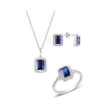 Gümüş Rodyumlu Safir Baget Taşlı Üçlü Set Gümüş Rodyumlu Safir Baget Taşlı Üçlü Set