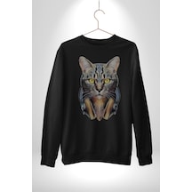 Kulaklık Kedi Unisex Siyah Baskılı Sweatshirt Siyah