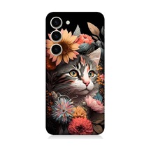 Samsung Galaxy S23 Plus Uyumlu Çiçekler Ve Kül Gri Kedi Desenli Silikon Kılıf