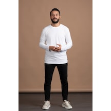 Regular Fit Bisiklet Yaka Rayon Kumaş Full Likralı Uzun Kol Sweatshirt Beyaz