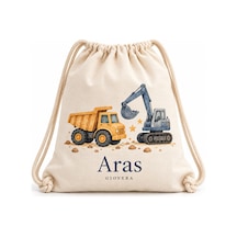 Gıovera Mini Trucks İş Makineleri İsim Baskılı Büzgülü Bez Sırt Çantası 35x40 Cm - Aras Ham Bez