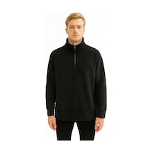 Unisex Relax Fit Rahat Kesim Polar Yarım Fermuarlı Dik Yaka Sweatshirt - 7387 Siyah