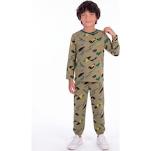 Onloox Erkek Haki Yeşil Erkek Çocuk Haki Yeşil Pamuklu Bisiklet Yaka Lastikli Paça Regular Desenli Pijama Takımı 4-7 Yaş