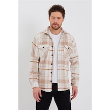 Erkek Kırık Beyaz-turuncu Çift Cep Kapaklı Slim Fit Oduncu Gömlek-odg001r9500s Kırık Beyaz-turuncu