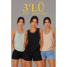 Efnaz Style 3 Lü Kolsuz Sporcu Atlet Seti Yazlık Bisiklet Yakalı - Mint Yeşili, Siyah, Bej Çok Renkli