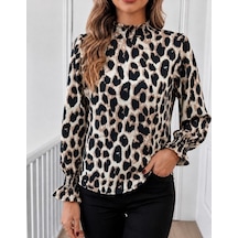 Suma Kadın Modal Bluz Uzun Kollu Balıkçı Yakalı Leopar Desenli