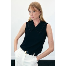 Yaka İncili Kolsuz Bluz - Siyah-136427 Siyah