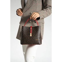 Just Polo Jp Polo Kadın 4 Bölmeli Lüks El & Omuz Çantası Shoulder Bag Ebat: 25x25 Cm Kahverengi - Kırmızı