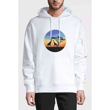 Silhouette Giraffe Baskılı Beyaz Erkek Kapşonlu Sweatshirt